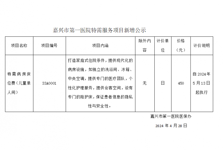 嘉興市第一醫(yī)院特需服務(wù)項(xiàng)目新增公示（特需病房床位費(fèi)(兒童單人間)）.png